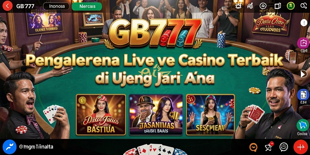 Screenshot utama GB777 menampilkan dealer cantik yang membagikan kartu dalam permainan Live Casino.
