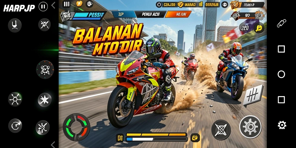 Screenshot utama HARAPJP menampilkan balapan motor yang mendebarkan.