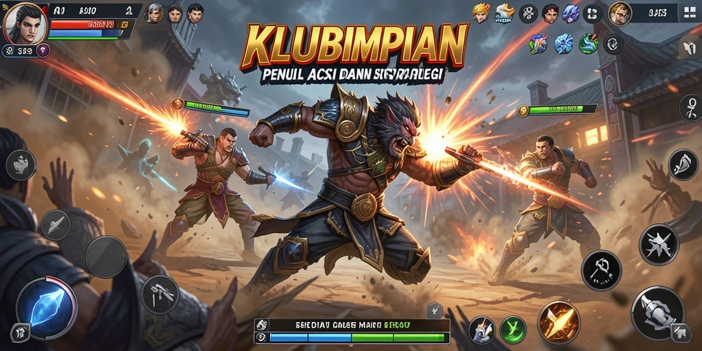 Tangkapan layar gameplay KLUBIMPIAN dengan karakter bertarung di arena.