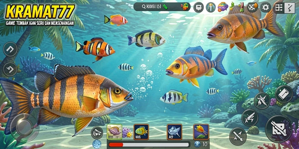 Gameplay seru KRAMAT77 saat menangkap ikan.