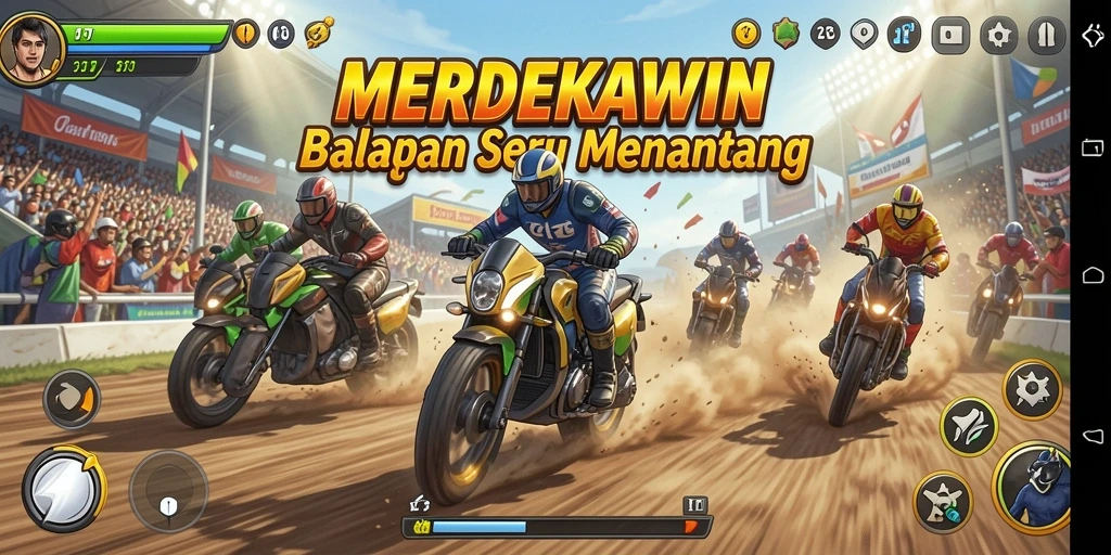 Gameplay balapan seru dalam MERDEKAWIN dengan berbagai lintasan menarik.