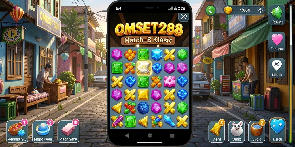 Tangkapan layar OMSET288 menunjukkan gameplay seru Match-3 dengan grafis menarik.