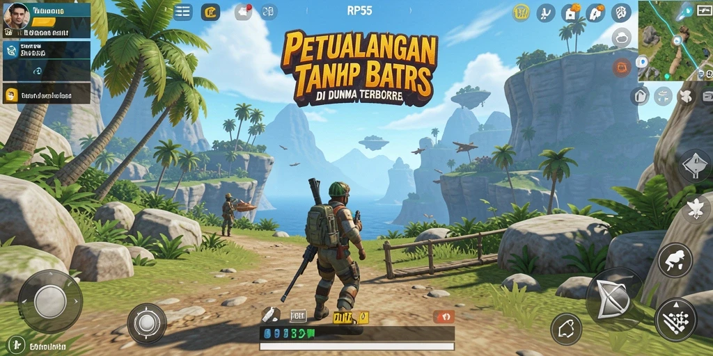 Tangkapan layar utama RP55 yang menunjukkan eksplorasi dunia terbuka.