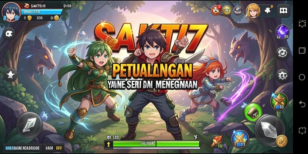 Tampilan gameplay SAKTI77 dengan karakter anime yang beraksi di medan pertempuran.