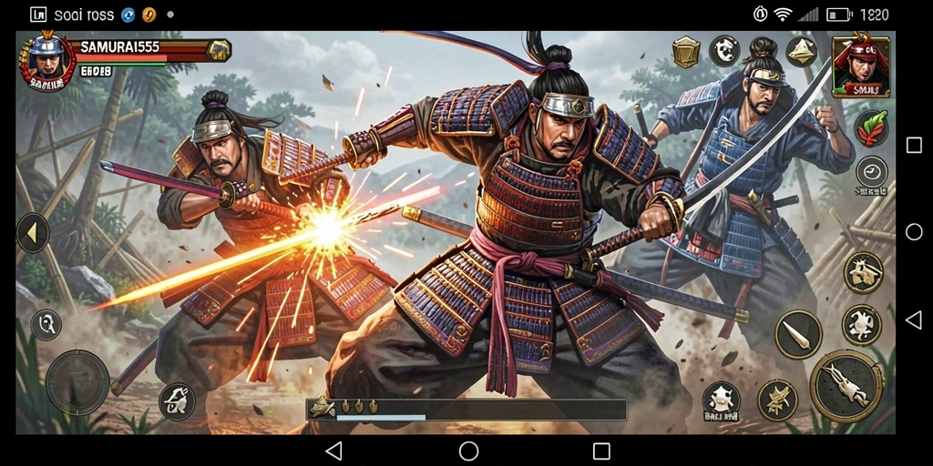 Tampilan gameplay pertarungan intens di SAMURAI555.